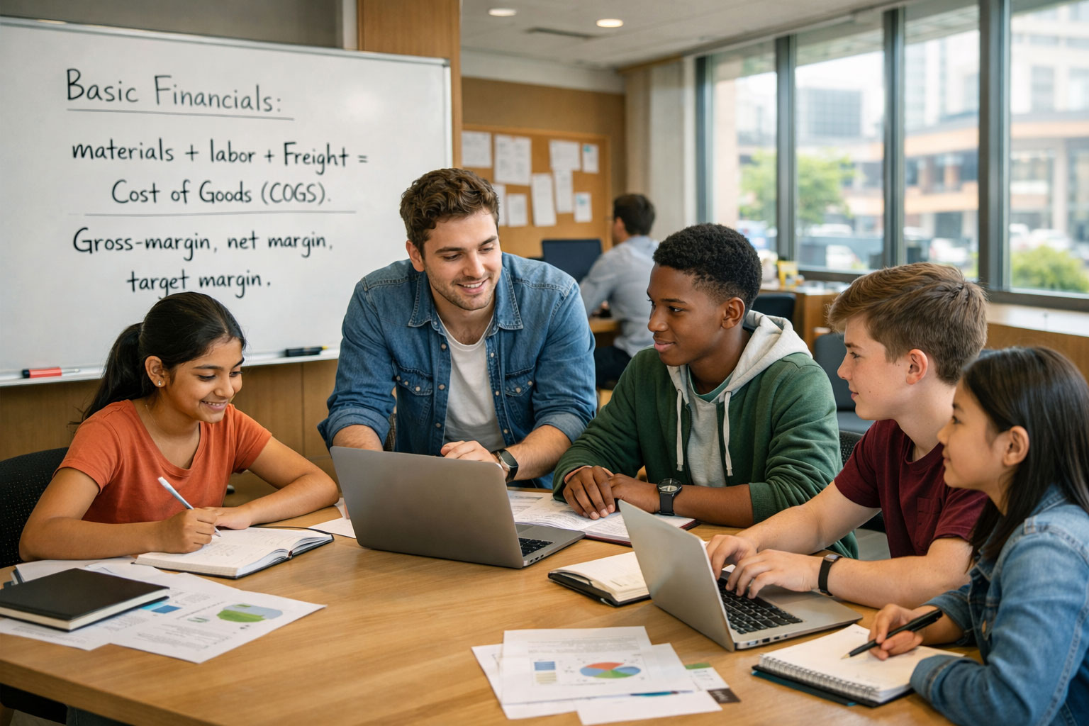 Students working together to package a product